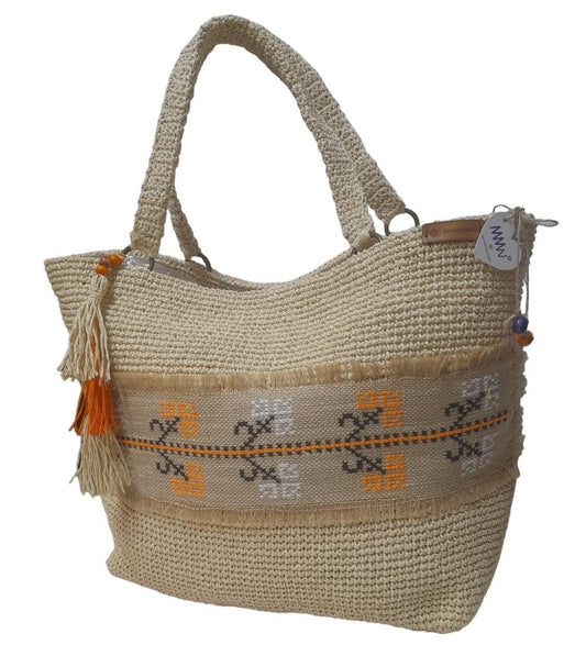 Handmade wicker large bag, with pocket detail inside, orange flowers embroidery detail with jute thread on wicker fabric around it.