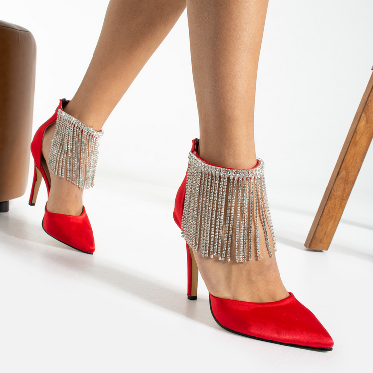 Hand crafted women shoes, Satin heels with stoned tassel detail.