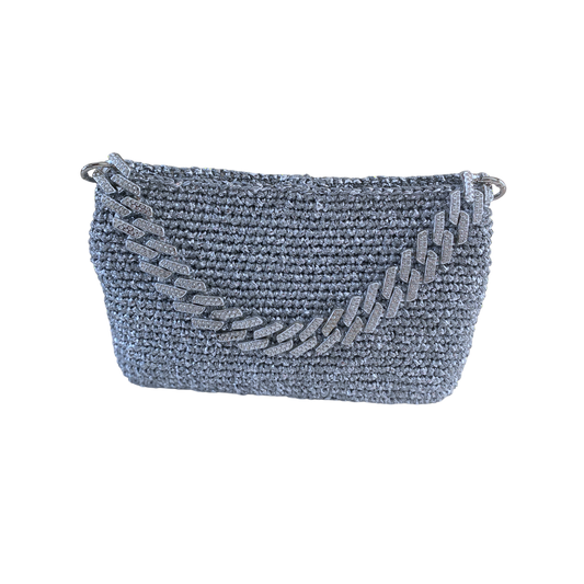 Hand crocheted wicker silver bag.