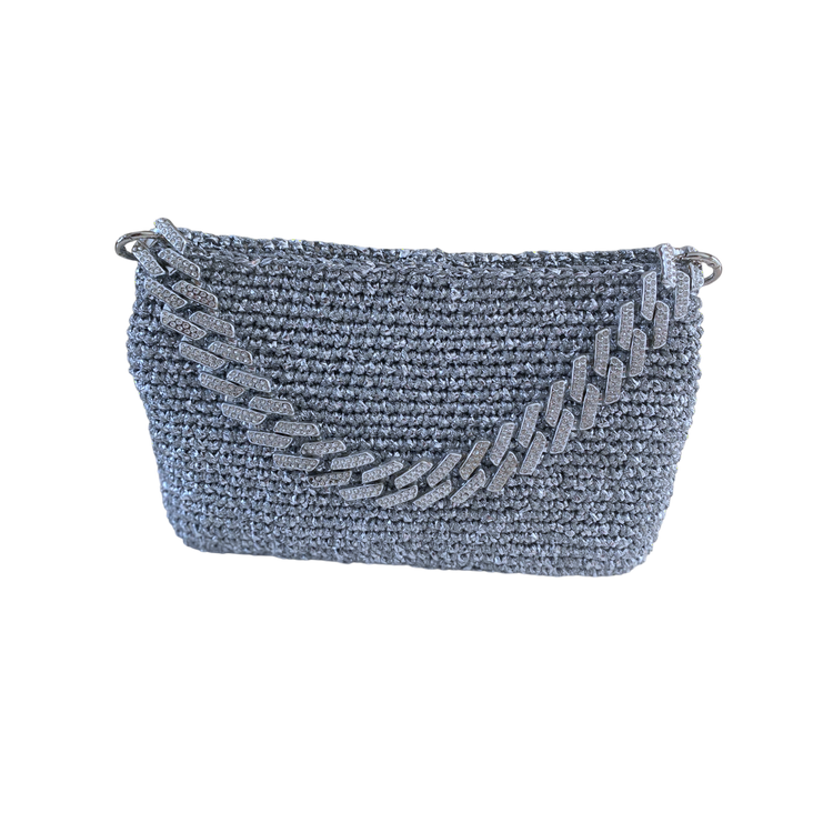 Hand crocheted wicker silver bag.