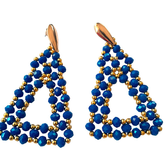 Stylish earring set, hand embroidered with blue crystal stones, gold stones and brass plated mountings.