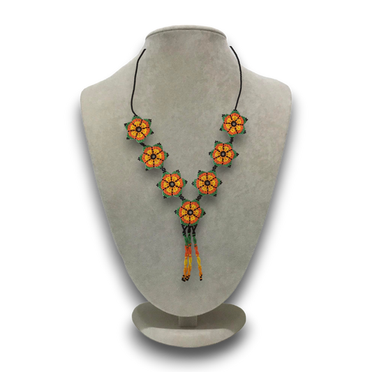 Handmade genuine stoned sand beads flower patterned long orange necklace.