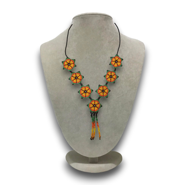 Handmade genuine stoned sand beads flower patterned long orange necklace.