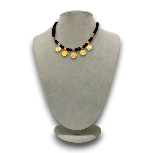 Handmade  and designed genuine stoned onyx and brass plated, black and gold necklace with magnet clouser.