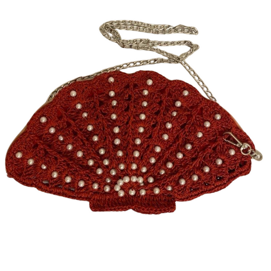 Hand crocheted and crafted wicker, pearl embroidered red oyster bag, lined, zip closure, long silver chain strap.