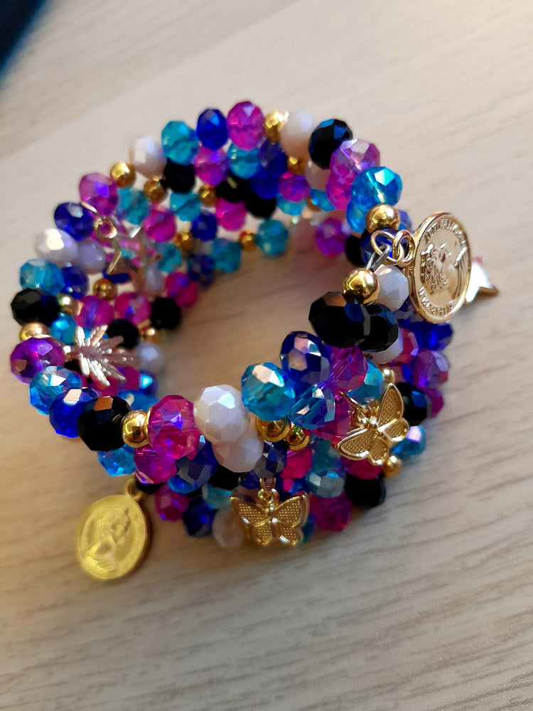 Handmade special design wrap bracelet, consisting of multicolored crystal stones and gold accessories.