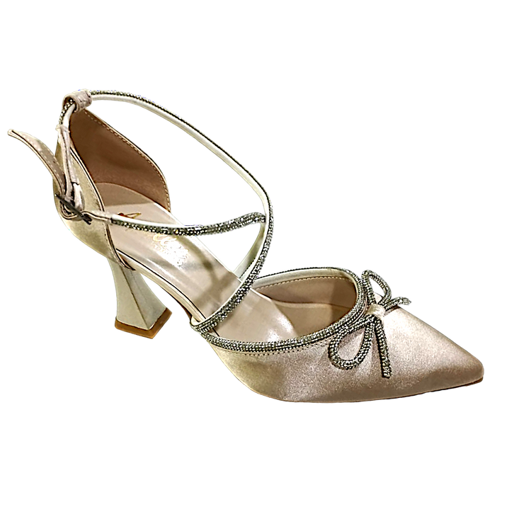 Hand crafted women shoes, open back satin faux leather stone and bow detailed.