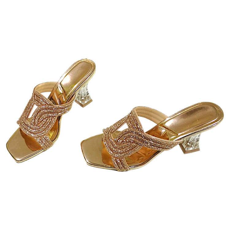 Hand crafted women shoes, stone detailed sandals with clear heel.