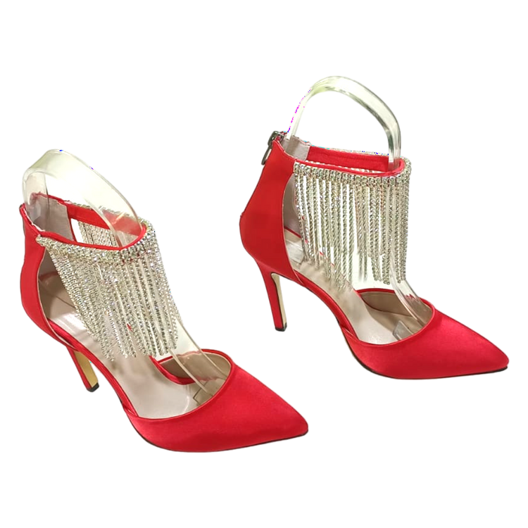 Hand crafted women shoes, Satin heels with stoned tassel detail.