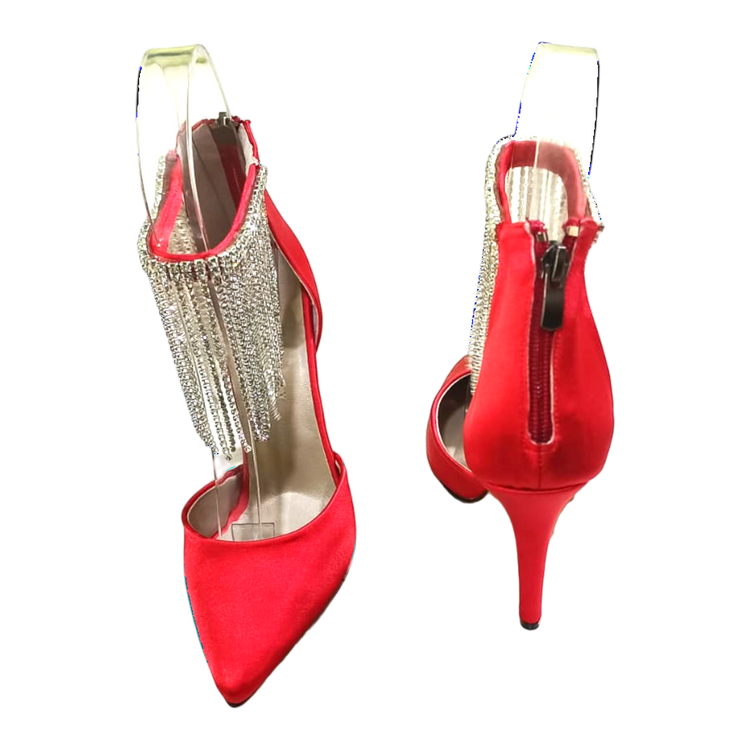 Hand crafted women shoes, Satin heels with stoned tassel detail.