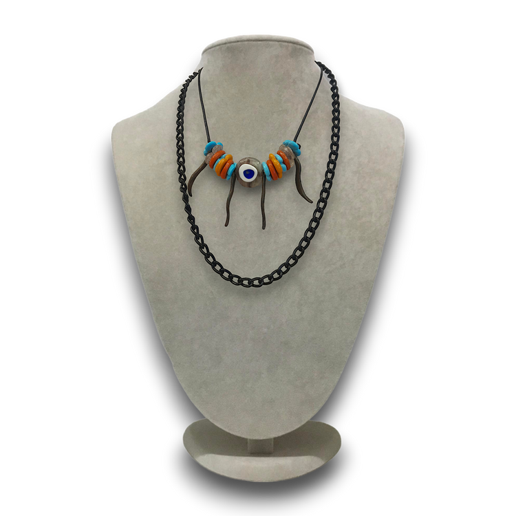 Handmade, special design necklace made of colored glass stones and glass evil eye beads.