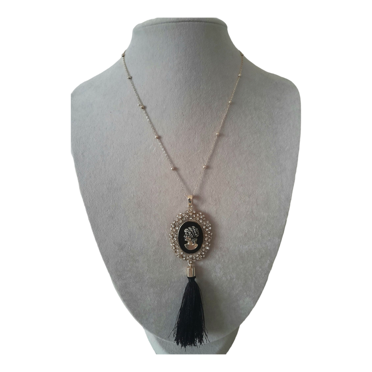 Handmade special design brass plated specially embroidered black and gold tassel necklace.