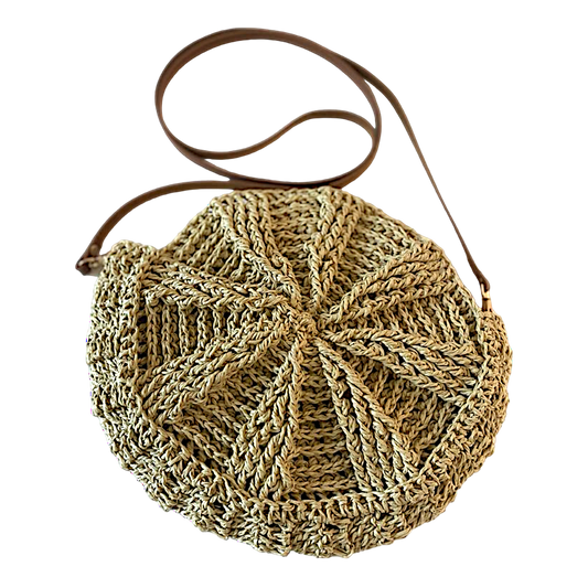 Handmade lined adjustable leather strap mussel pattern wicker bag.