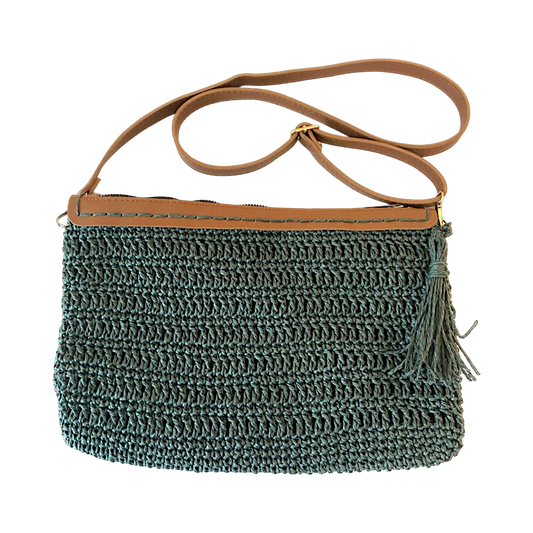 Handmade green wicker cross-body bag with genuine leather strap and zip closure