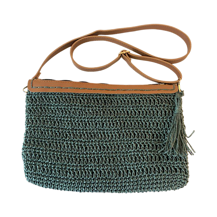 Handmade green wicker cross-body bag with genuine leather strap and zip closure