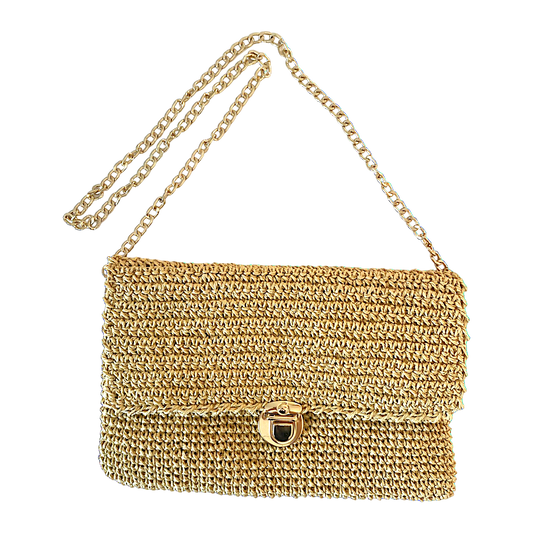 Handmade lined wicker clutch with gold chain strap.