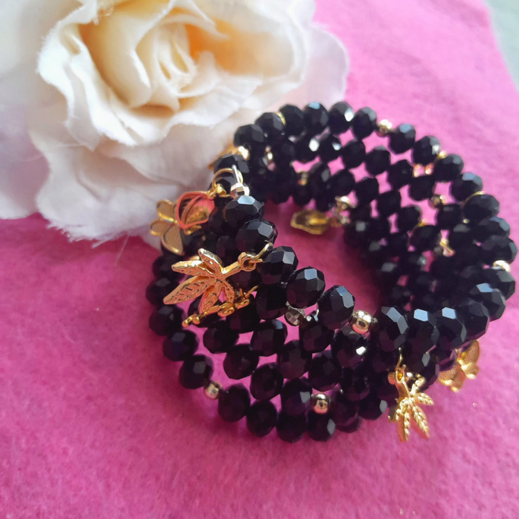 Handmade black glass stoned wrap bracelet.