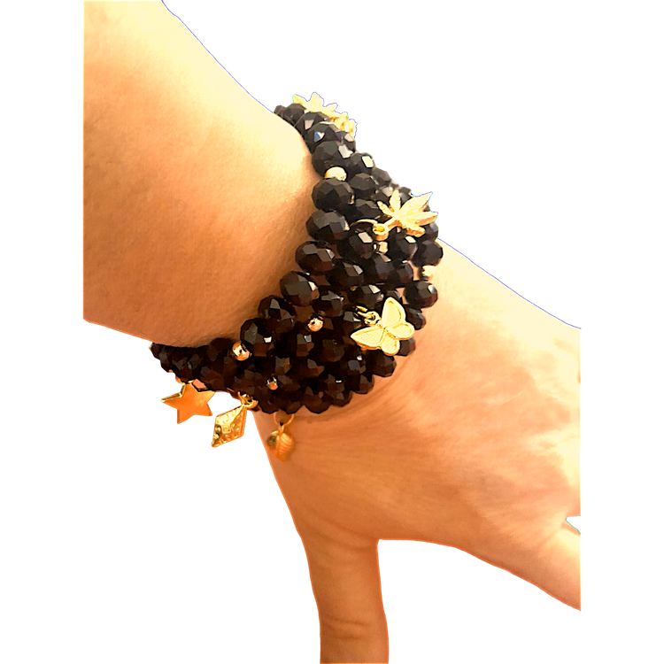 Handmade black glass stoned wrap bracelet.