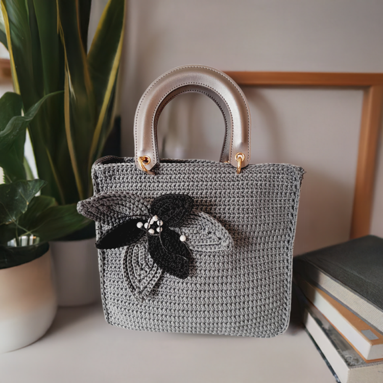 Hand crafted macrame grey hand bag with pearl detail