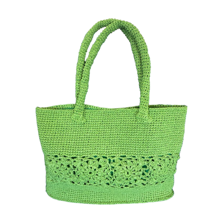 Handcrocheted and crafted benetton green motif wicker tote bag