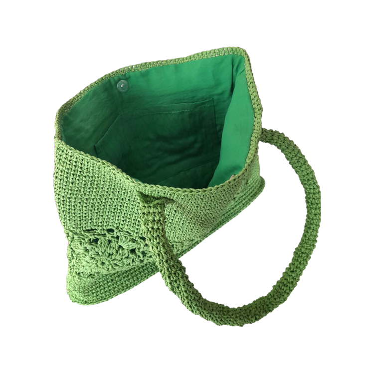 Handcrocheted and crafted benetton green motif wicker tote bag