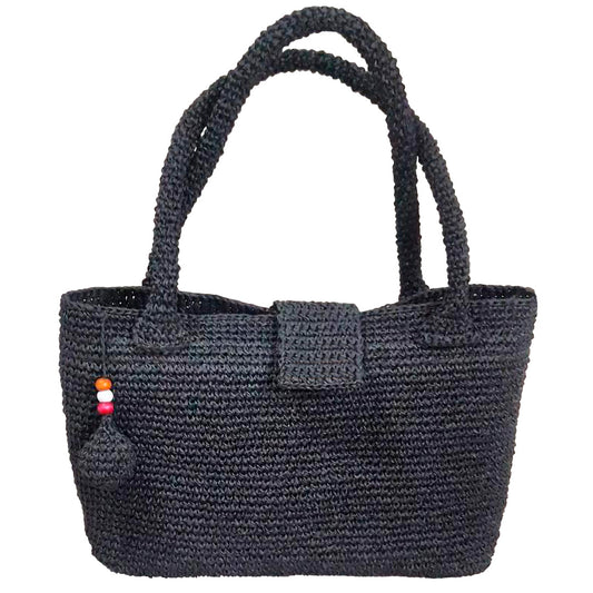 Hand crafted and crocheted wicker black tote.