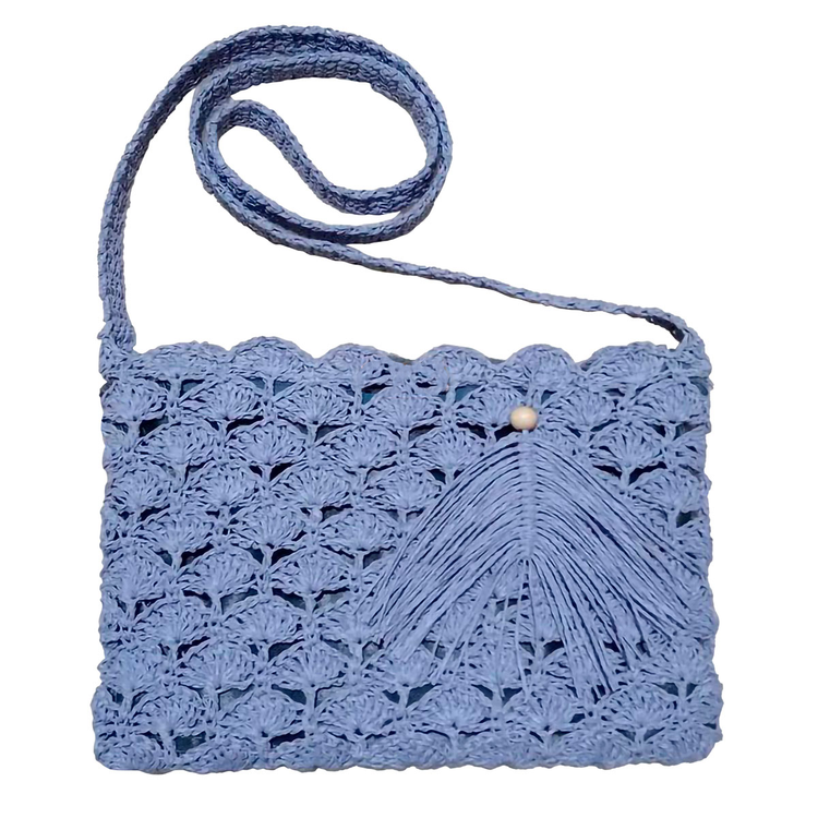 Hand crocheted and crafted wicker with front fringe detail, lined, blue shoulder bag.