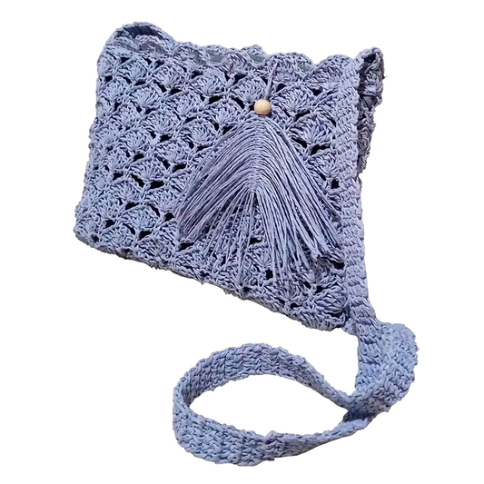 Hand crocheted and crafted wicker with front fringe detail, lined, blue shoulder bag.