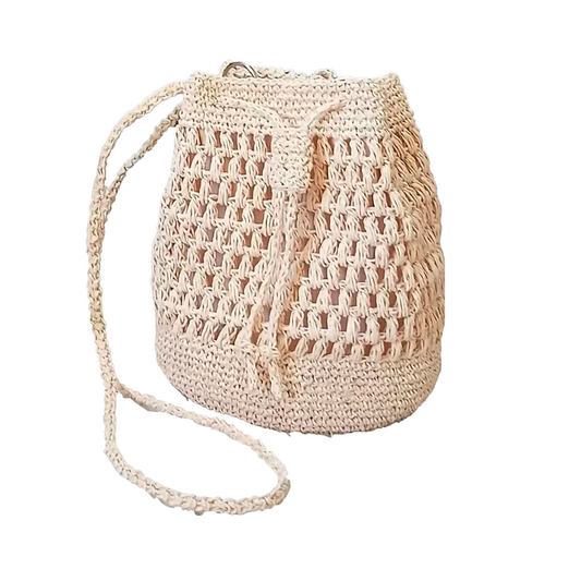 Hand crocheted and crafted wicker lined bucket bag.