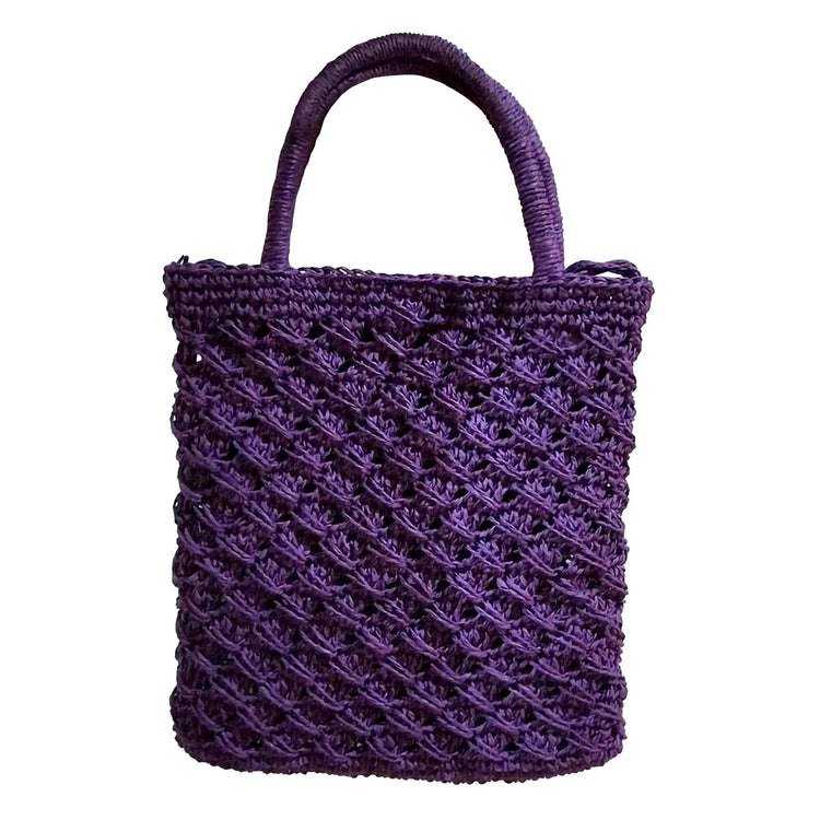 Hand crafted and crocheted, wicker purple hand bag with shoulder strap.