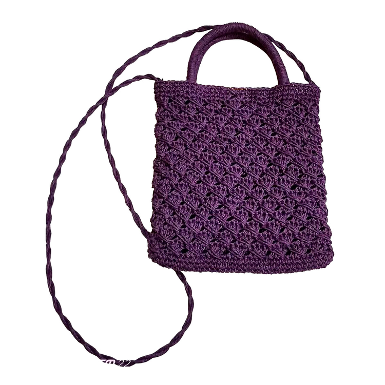 Hand crafted and crocheted, wicker purple hand bag with shoulder strap.