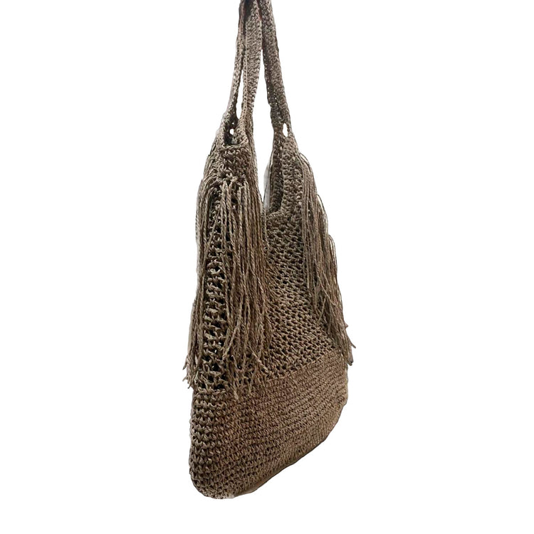 Hand crocheted and crafted paper rope shoulder bag with fringe detail.