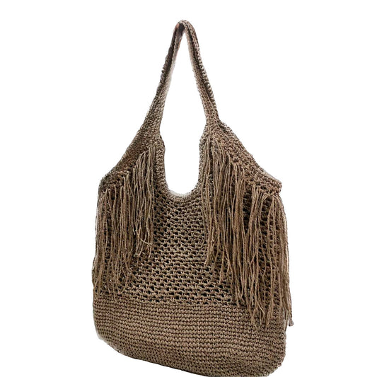 Hand crocheted and crafted paper rope shoulder bag with fringe detail.