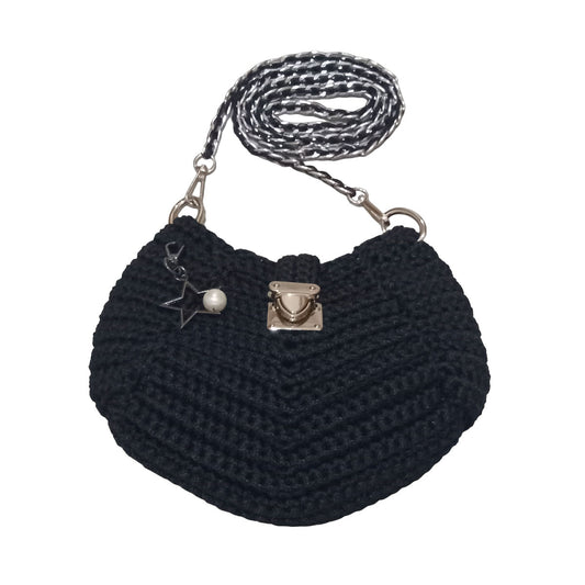 Hand crocheted and crafted macrame polyester black night bag with  metal accessories and silver chain.