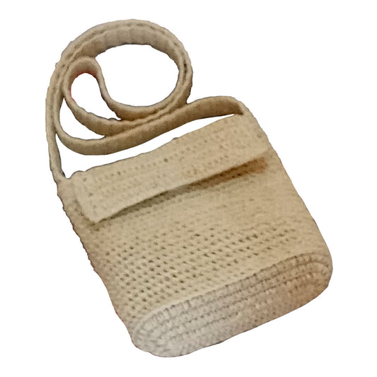 Hand made and crocheted, cream colour, lined, small crossbody bag.