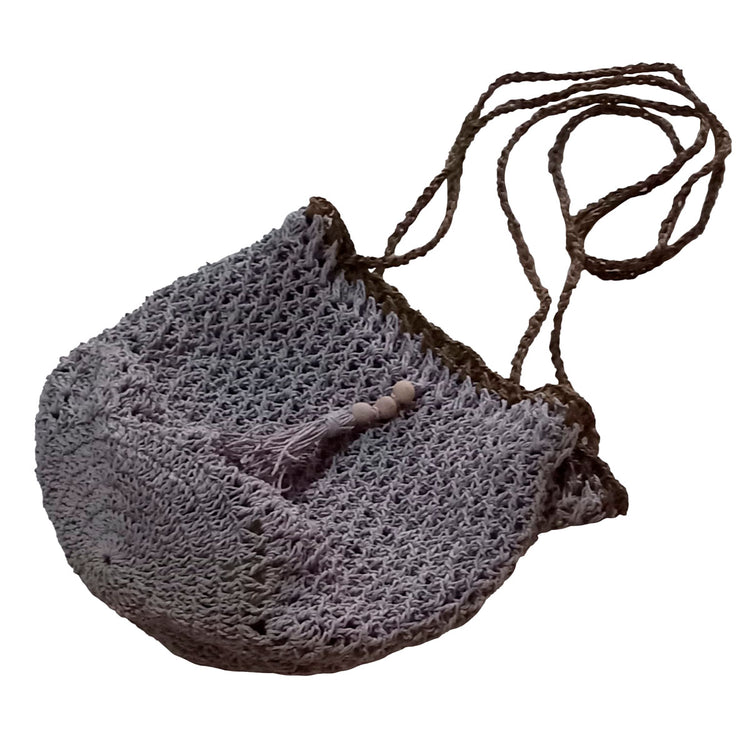 Hand crocheted and crafted grey paper rope mesh bag with straps.