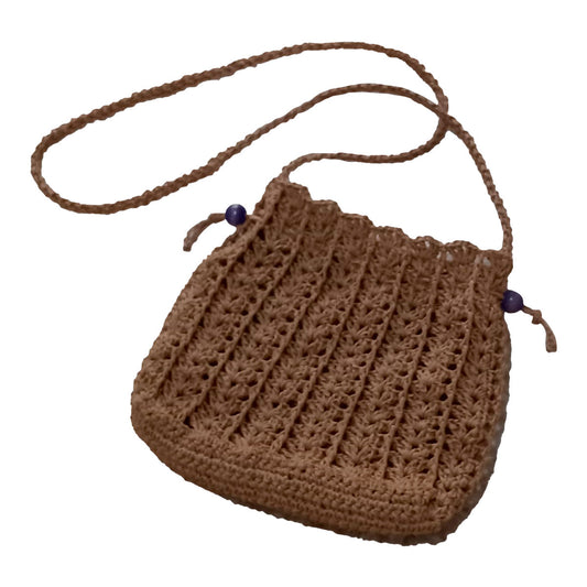 Hand crocheted and crafted drawstring bag with purple beads on both sides, wood colour.