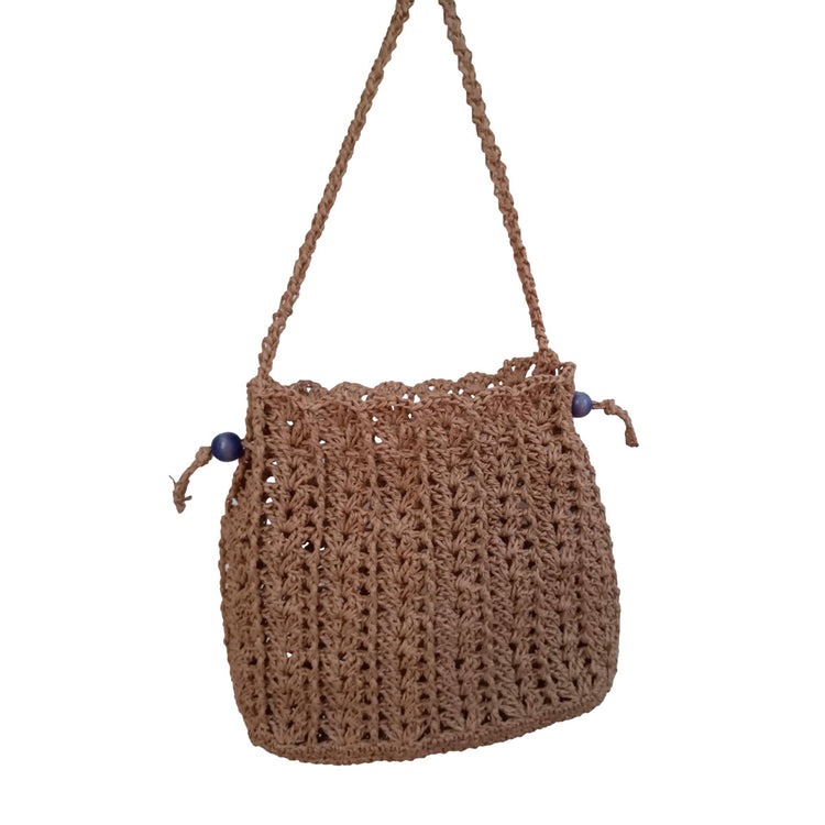 Hand crocheted and crafted drawstring bag with purple beads on both sides, wood colour.