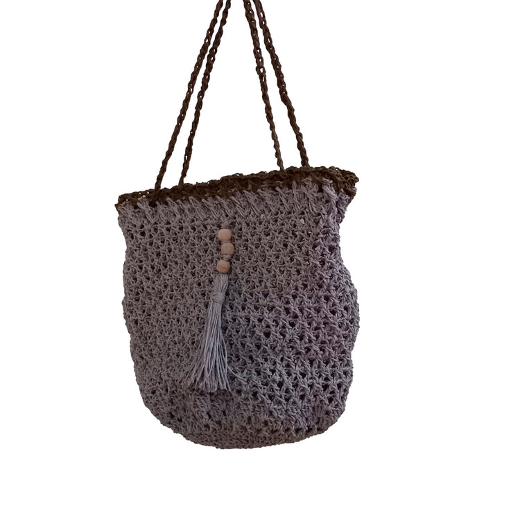 Hand crocheted and crafted grey paper rope mesh bag with straps.