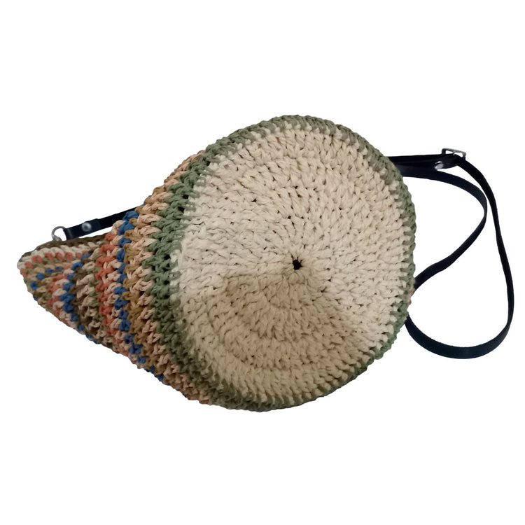 Hand crocheted and crafted paper rope with adjustable leather straps, multicoloured striped, lined shoulder bag.