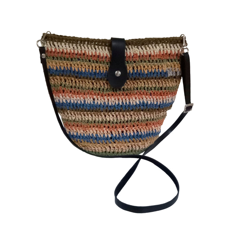 Hand crocheted and crafted paper rope with adjustable leather straps, multicoloured striped, lined shoulder bag.