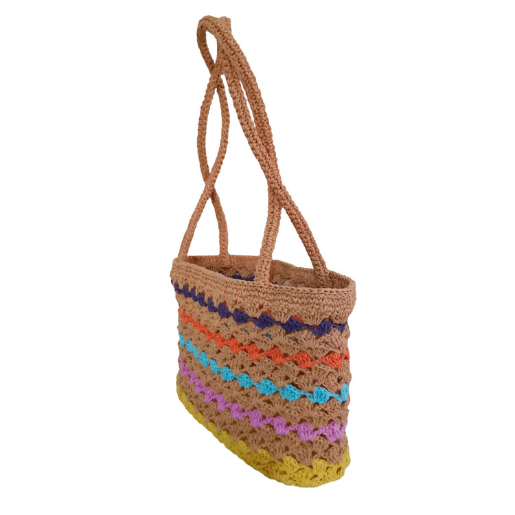 Hand crocheted paper rope rainbow shoulder bag.