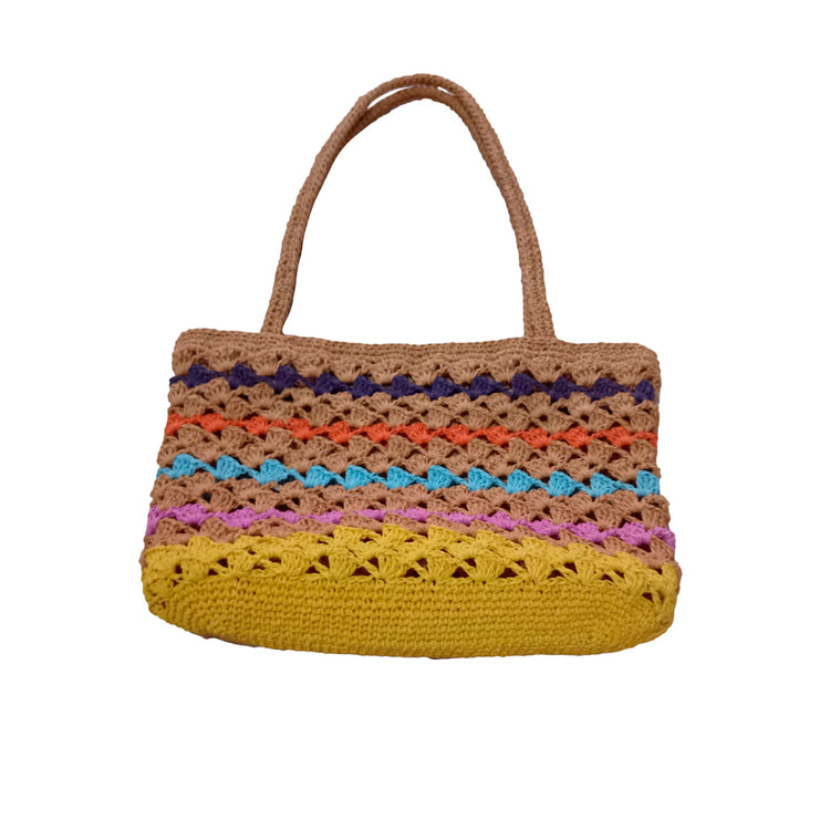 Hand crocheted paper rope rainbow shoulder bag.