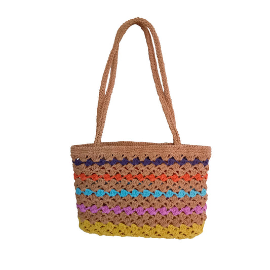 Hand crocheted paper rope rainbow shoulder bag.