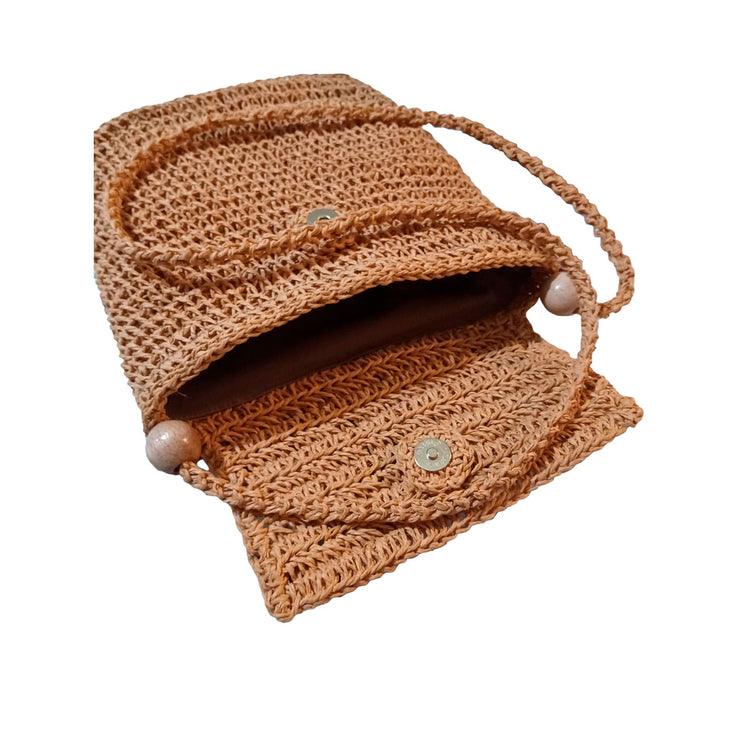 Hand crocheted and crafted wicker wood colour, small cross body bag with long strap.