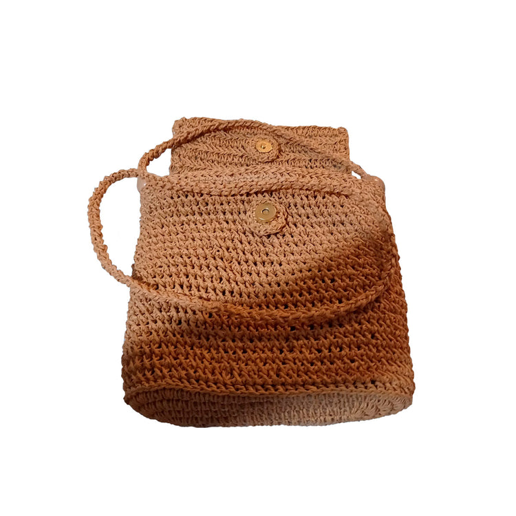 Hand crocheted and crafted wicker wood colour, small cross body bag with long strap.