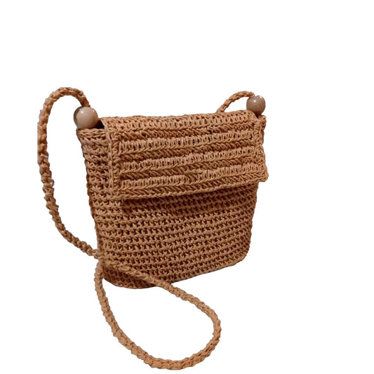 Hand crocheted and crafted wicker wood colour, small cross body bag with long strap.