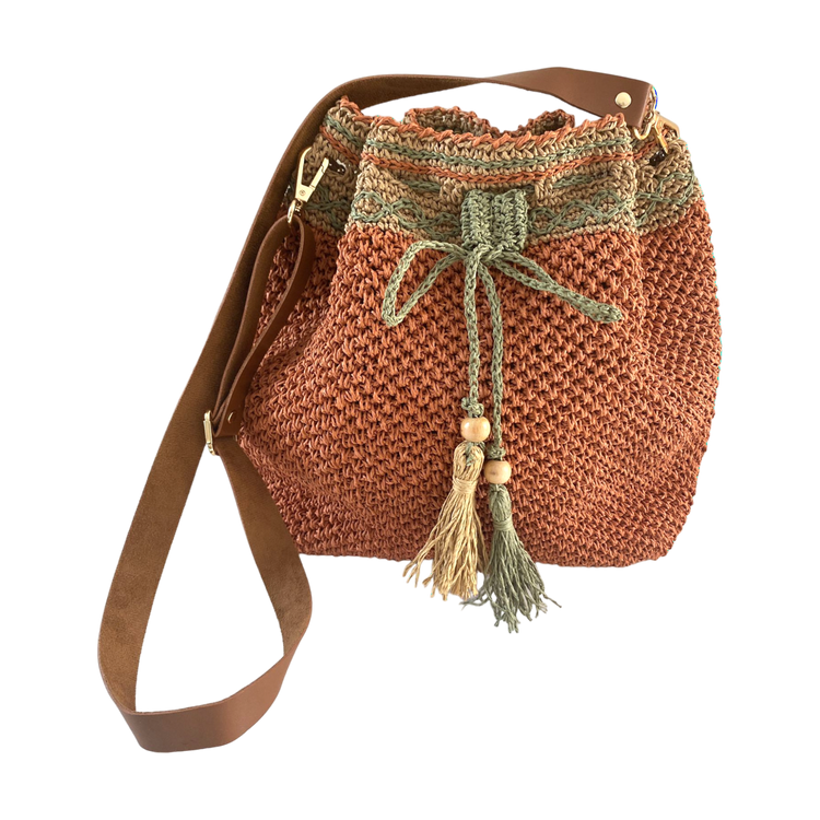 Hand crocheted Anatoilian motif lined drawstring wicker orange bag with leather strap