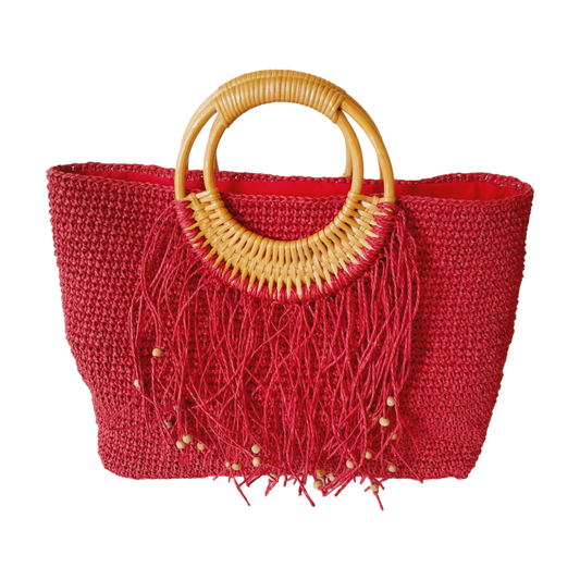 Hand Crafted red wicker bag with bamboo handle.