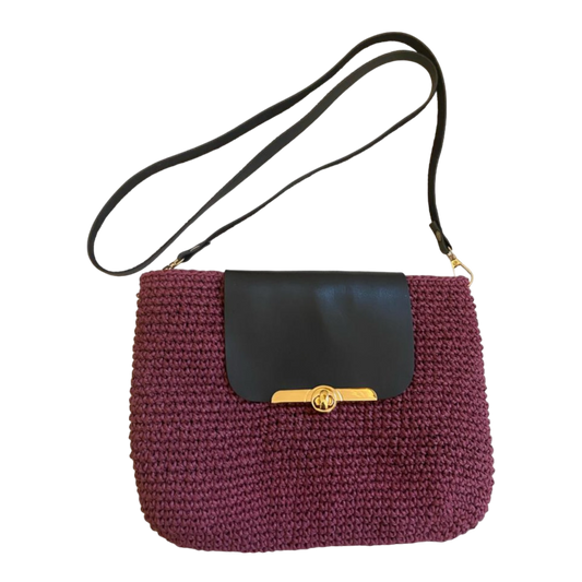 Handmade leather flap burgundy wicker crossbodybag with adjustable strap